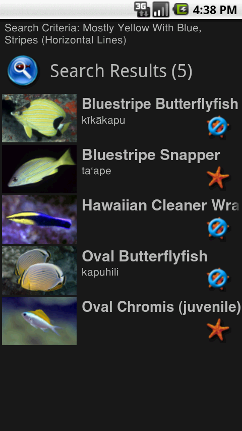 List View of matched fish
